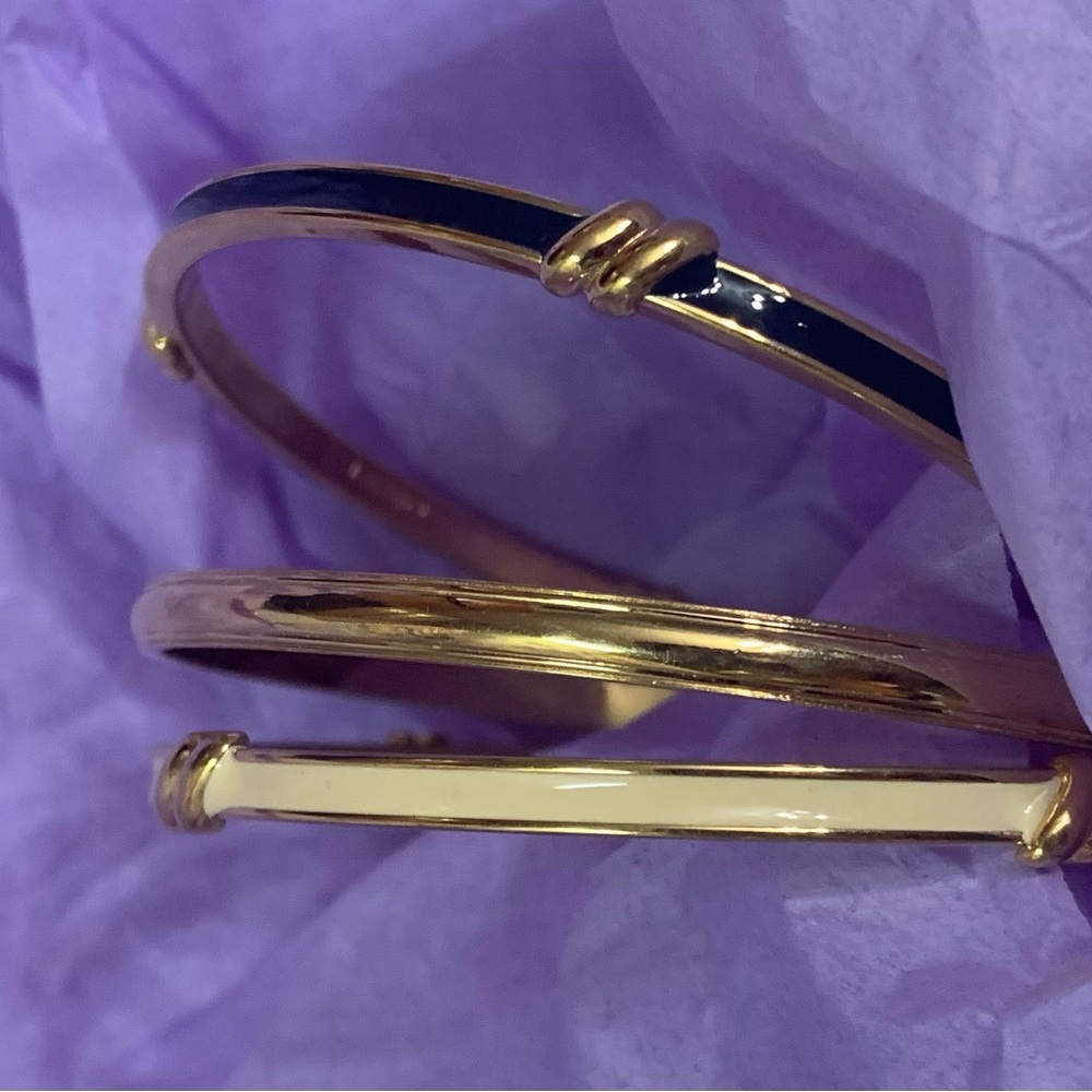 Monet & Trafari Bracelets Bundle of 3 Gold Tone Navy Blue Cream Bangle Set